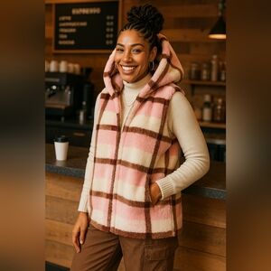 Cozy Sharpa Hoodie Vest Barn Chore Pockets Open Front New